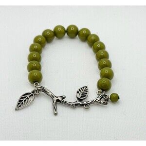& Other Stories Sphere Bead Bracelet with Leaf Branch Charm in Olive Green